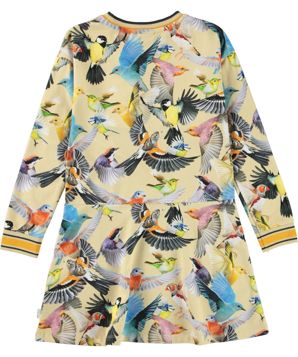 Conny - Whimsical - Hellgelbes Öko-Kleid mit Vogelaufdruck