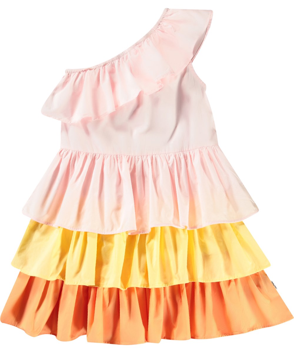 Cora - Charlotte Pink - Rosa, orange und gelbes One-Shoulder-Kleid für Kinder aus Öko-Baumwolle mit elastischem und Rüschen-Detail auf der Schulter.