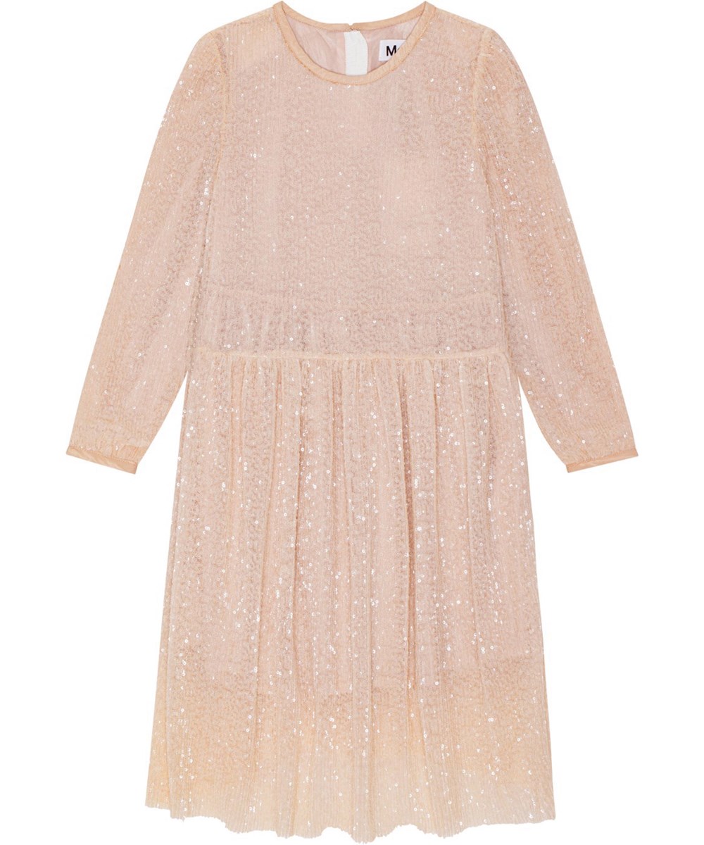 Coralia - Apricot - Pulverfarbenes Paillettenkleid mit langen Ärmeln und kleinem Ärmelabschluss.