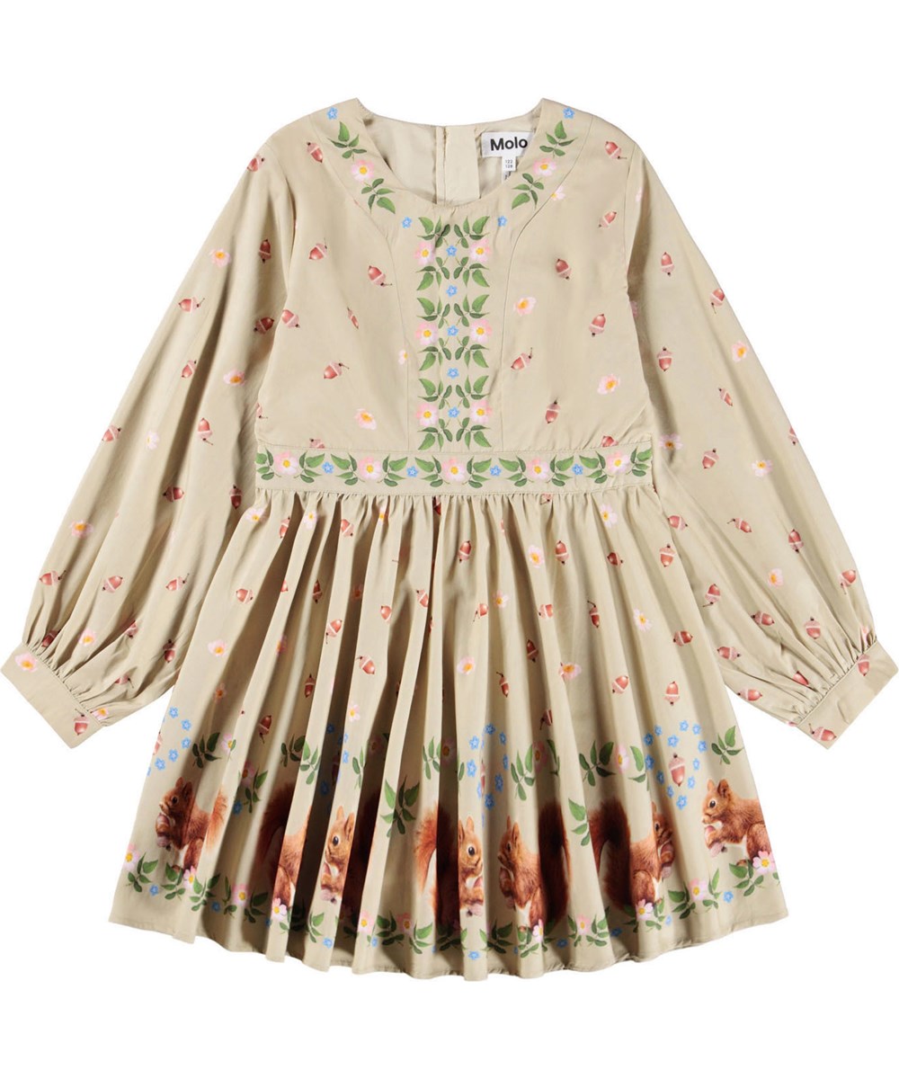 Coralie - Acorn Squirrels - Langärmliges Kleid für Kinder aus Öko-Baumwollpopeline mit einem Blumen-, Eicheln- und kleinen Eichhörnchenmuster.