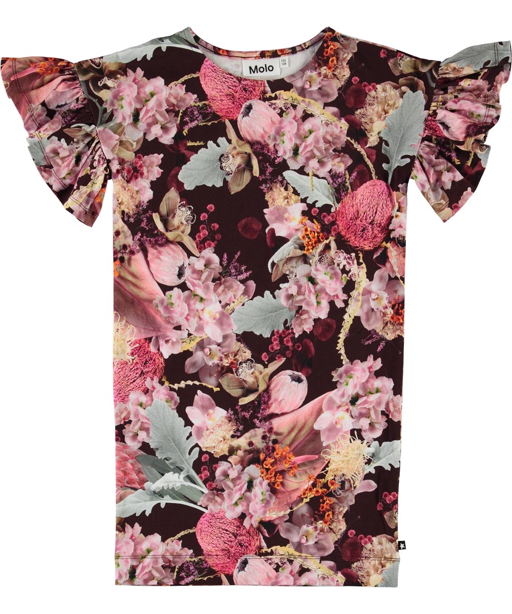 Coralie - Winter Bouquet - Burgunderrotes Öko-Kleid mit Blumen