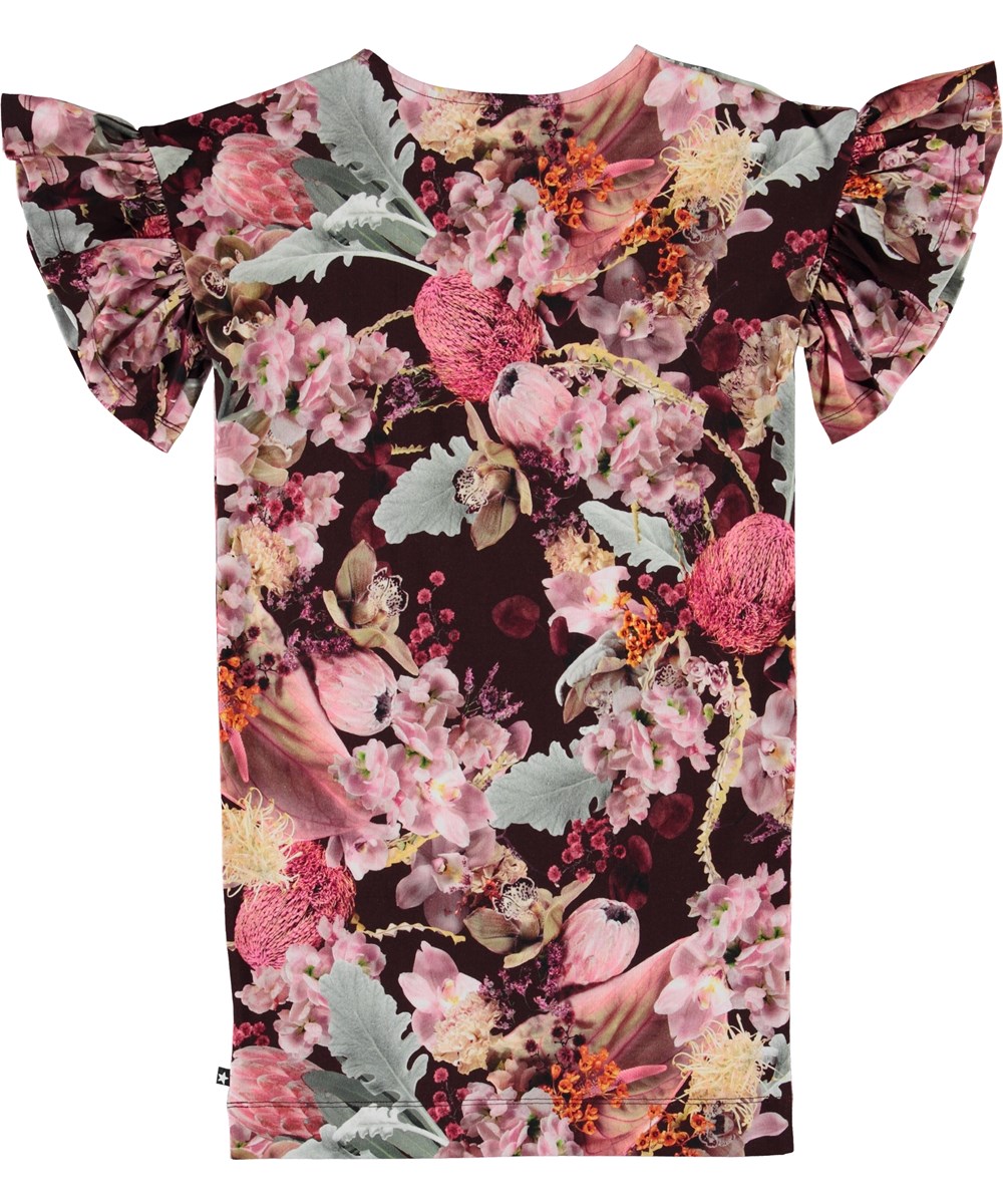 Coralie - Winter Bouquet - Burgunderrotes Öko-Kleid mit Blumen