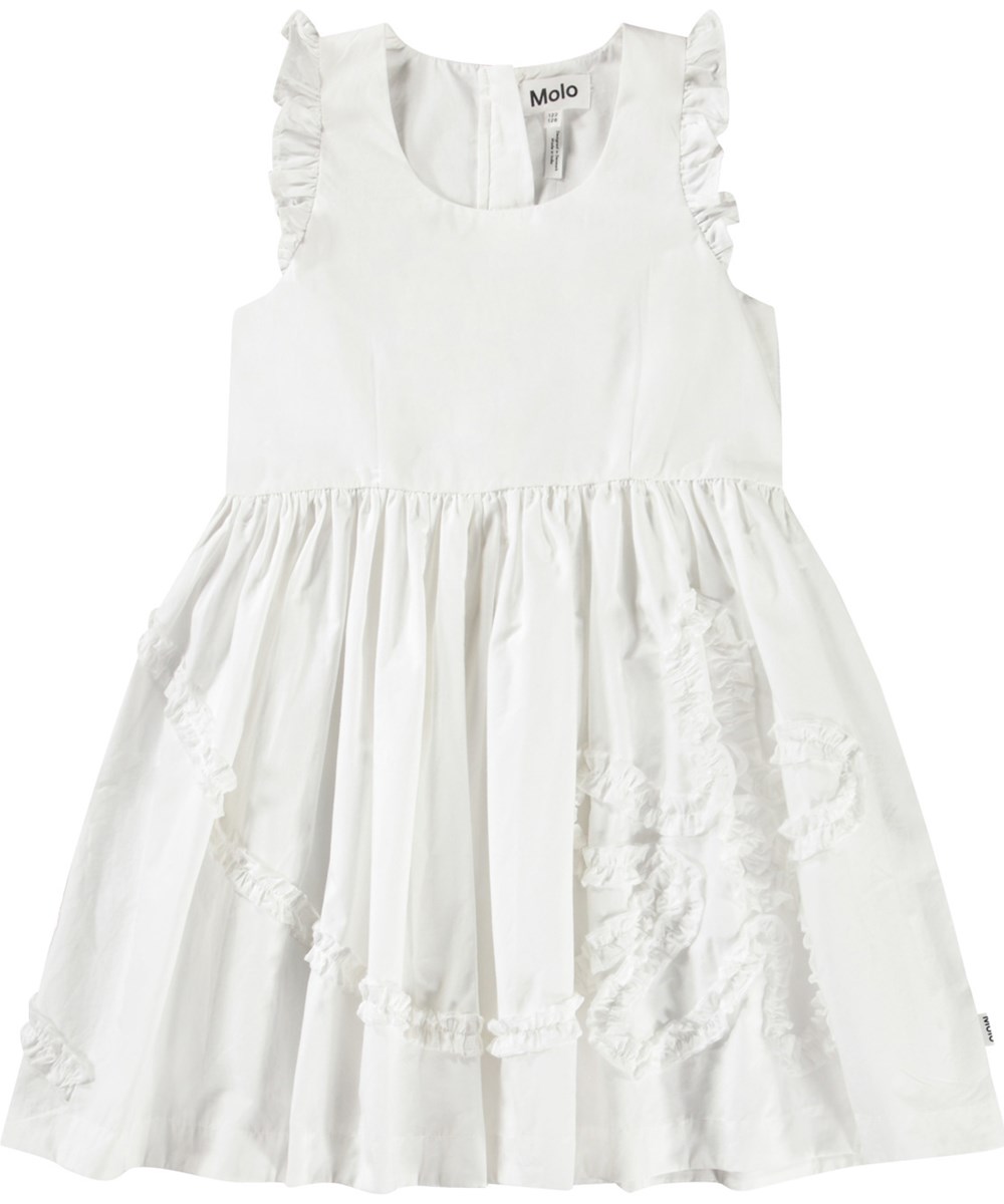 Cortney - Crisp White - Weißes knielanges Kleid für Kinder aus Öko-Baumwolle mit einer Stoffstickerei auf dem Rock.