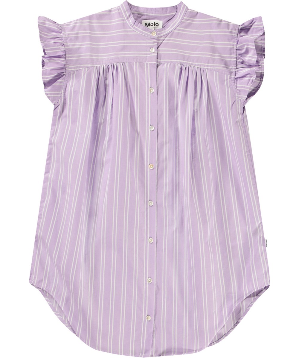 Cortny - Purple Rail Stripe - Knielanges Kleid für Kinder mit weißen Streifen aus Öko-Baumwolle.