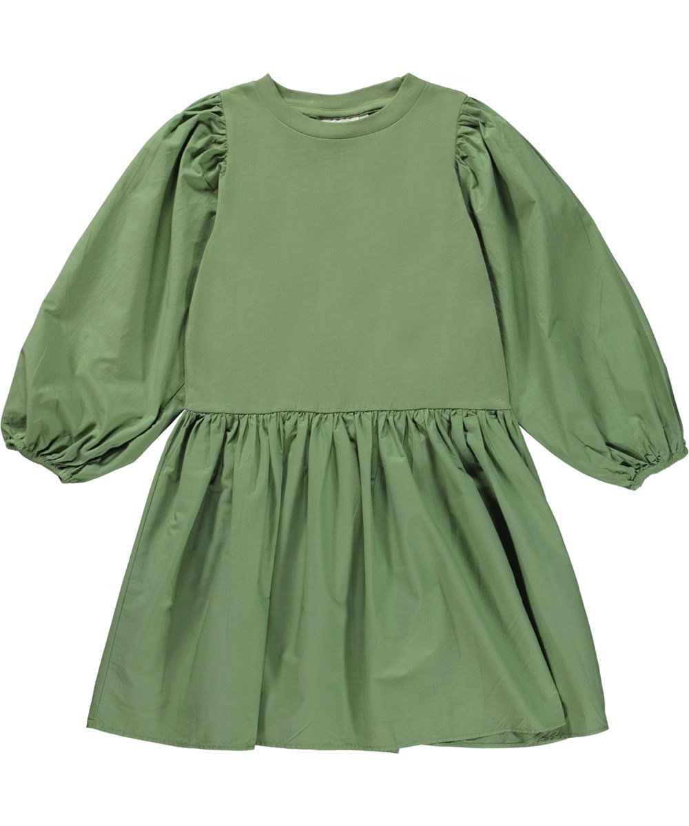Cosette - Moss Green - Grünes knielanges Öko-Kleid mit Popeline-Ärmeln und Rock