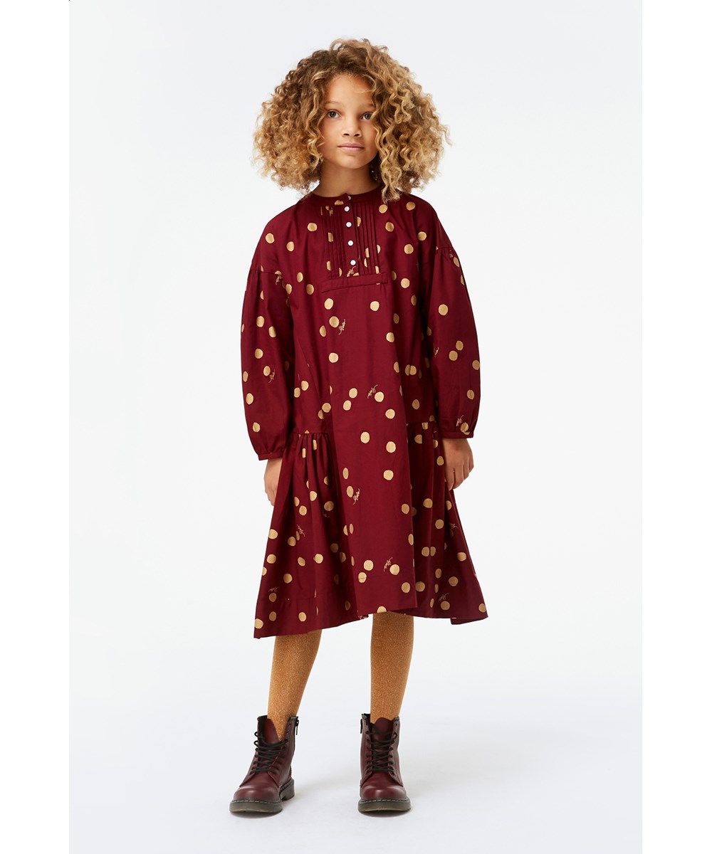 Cosimo - Gold Dots - Burgunderotes Öko-Kleid mit goldenen Punkten