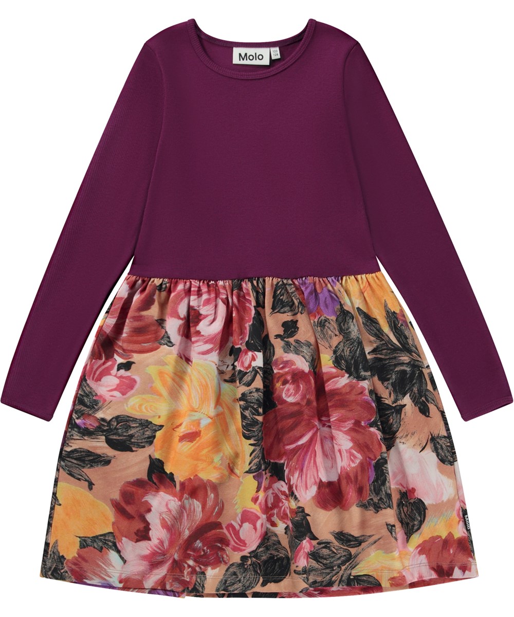 Credence - Artist Flowers - Lila knielanges Öko-Kleid mit Allover-Blumendruck auf dem Rock