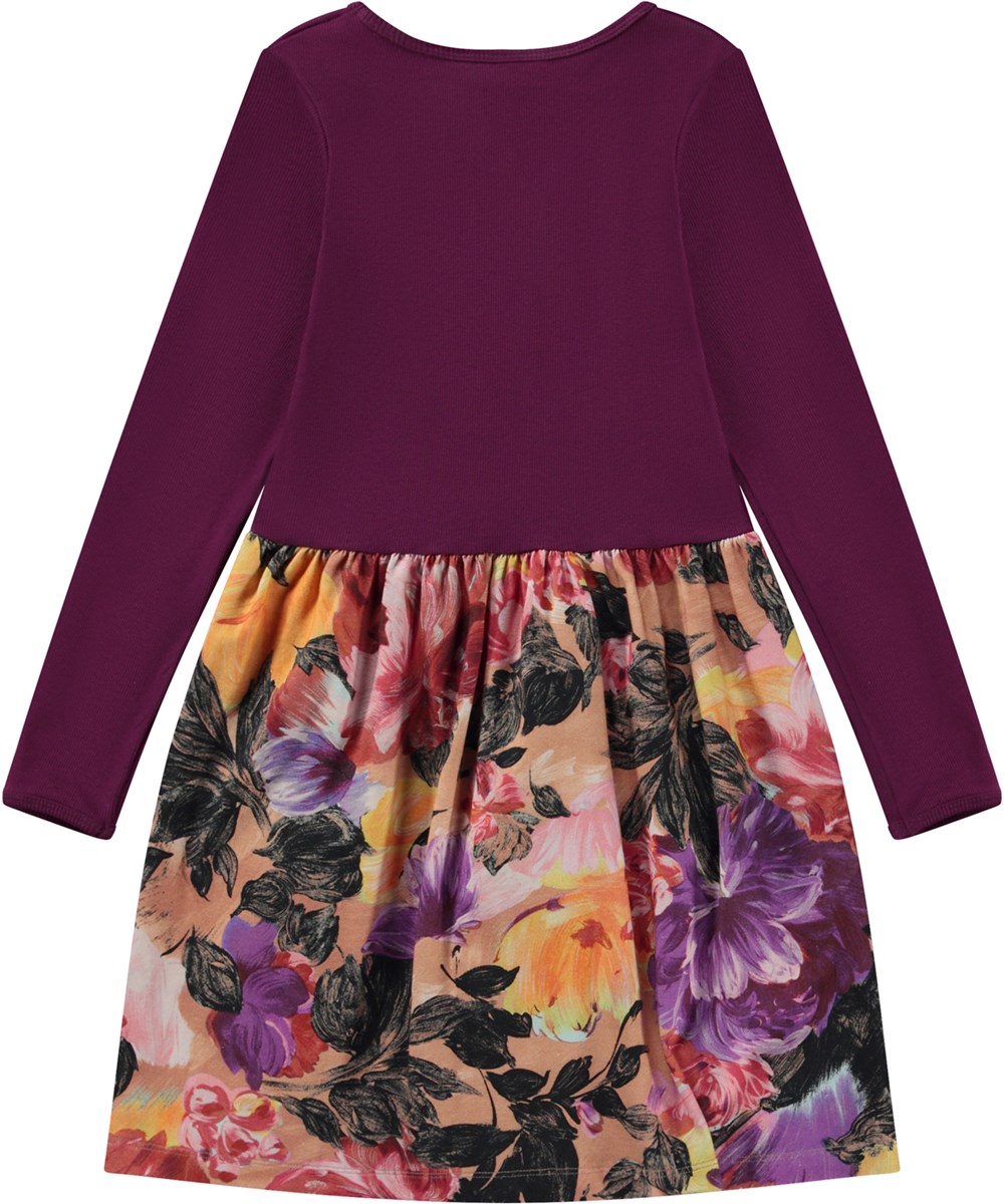 Credence - Artist Flowers - Lila knielanges Öko-Kleid mit Allover-Blumendruck auf dem Rock