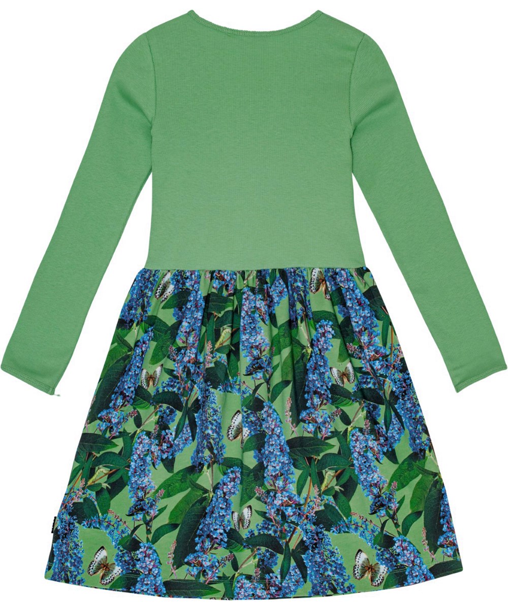 Credence - Buddleja Garden - Grünes Öko-Baumwollkleid mit geripptem Oberteil und bedrucktem Rock.