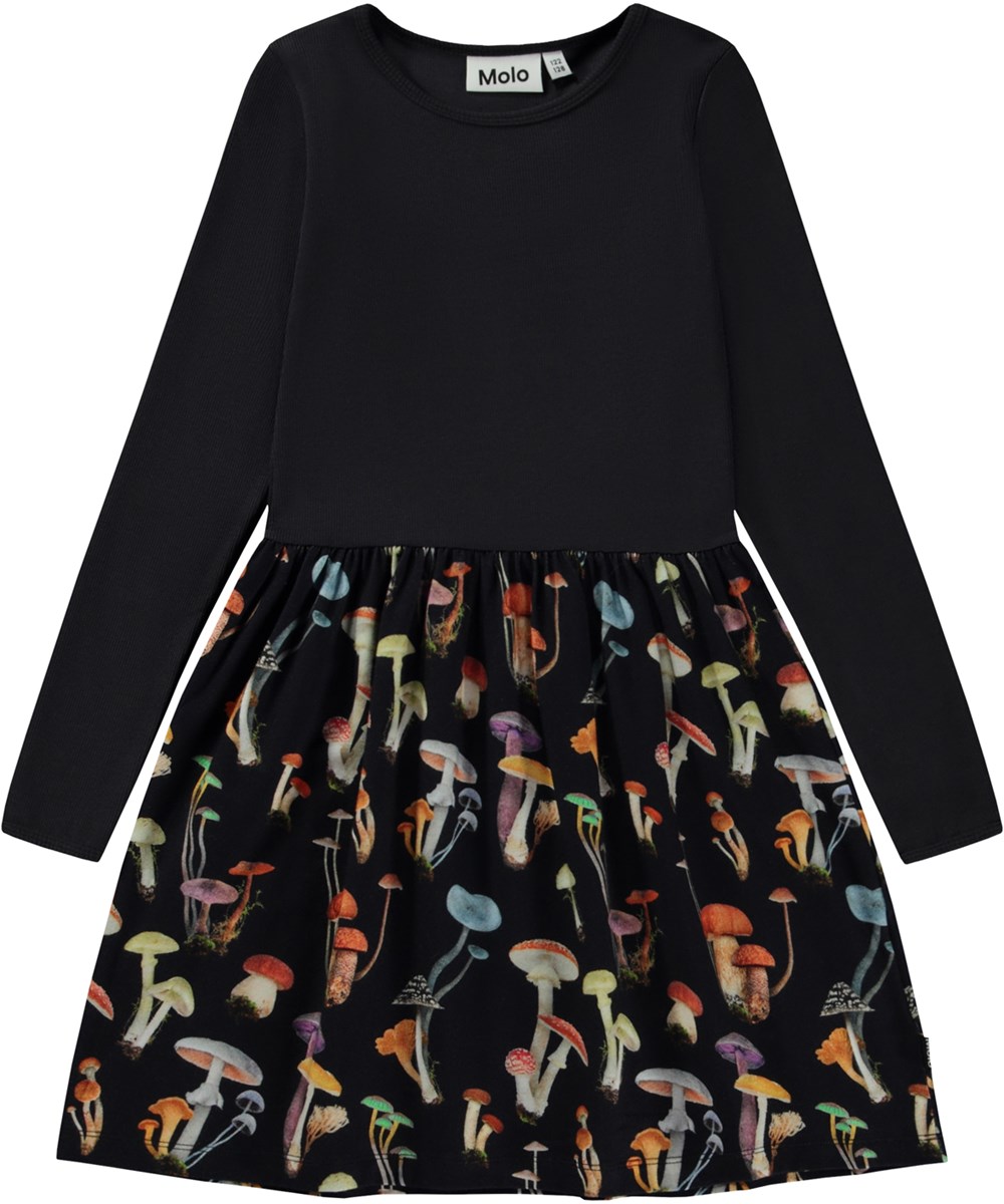 Credence - Fantastic Fungi - Schwarzes, knielanges Öko-Kleid mit Allover-Pilzdruck auf dem Rock