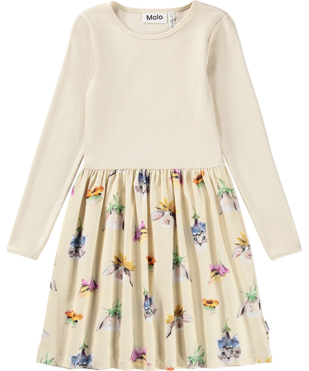Credence - Floral Fun - Off-White-Kleid für Kinder aus Bio-Baumwolle mit Tiermuster
