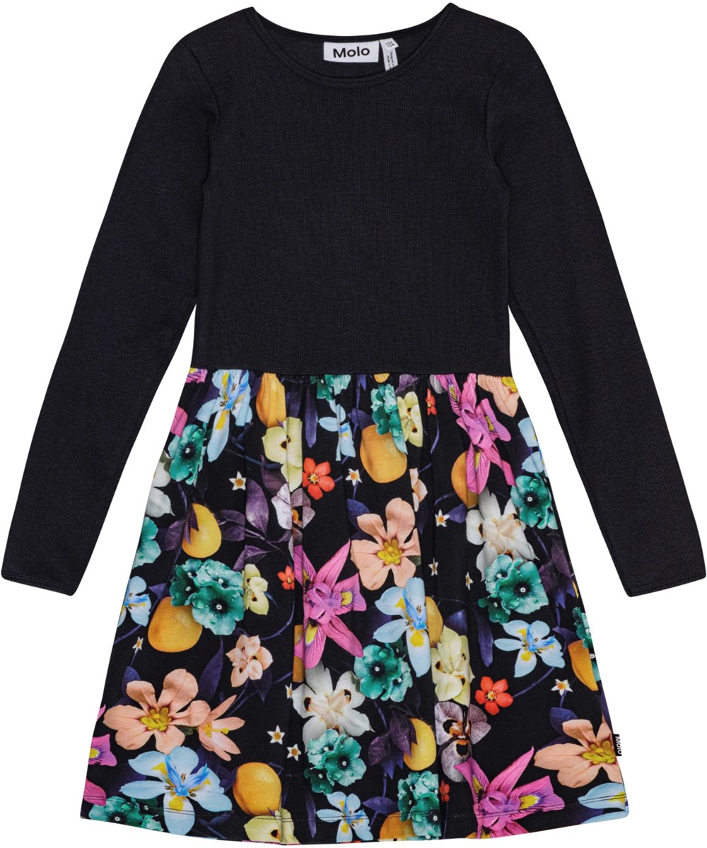 Credence - Garden Of Plenty - Schwarzes langärmeliges Kleid aus Öko-Baumwolle mit Blumenmuster.