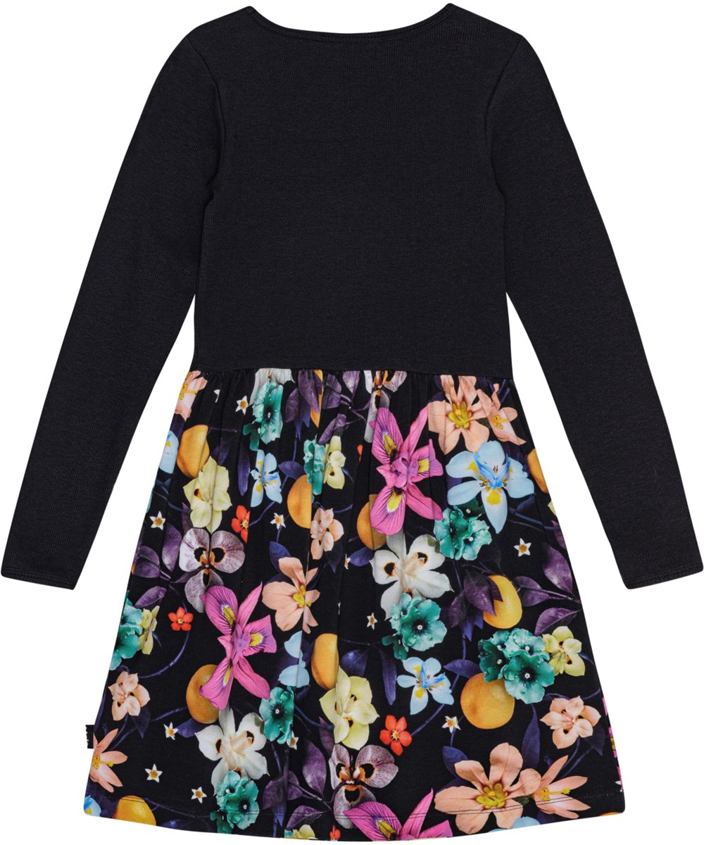 Credence - Garden Of Plenty - Schwarzes langärmeliges Kleid aus Öko-Baumwolle mit Blumenmuster.