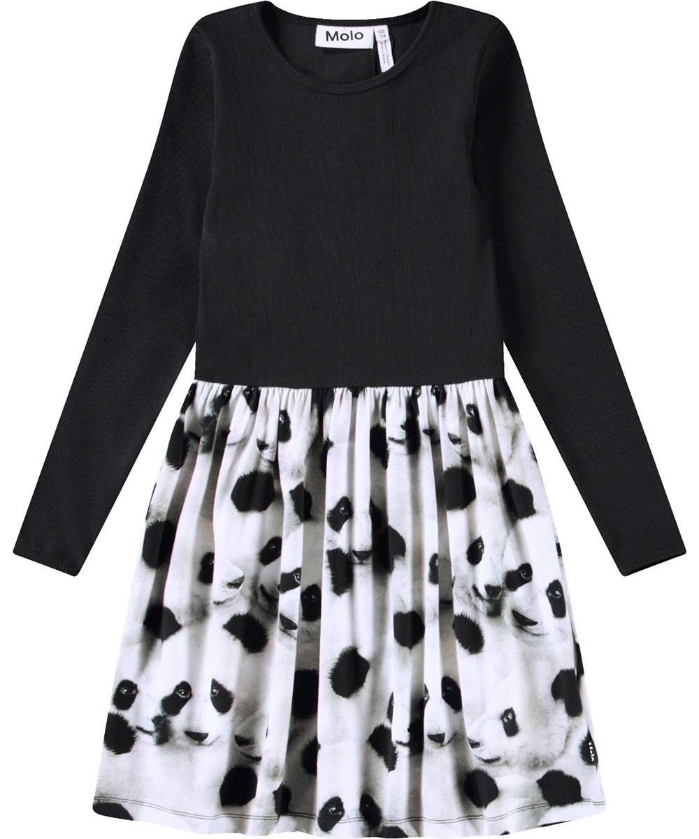Credence - Giant Panda - Langärmeliges Kleid für Kinder aus Öko-Baumwolle, das ein eng anliegendes Oberteil aus geripptem Jersey mit einem glatten Jerseyrock kombiniert.