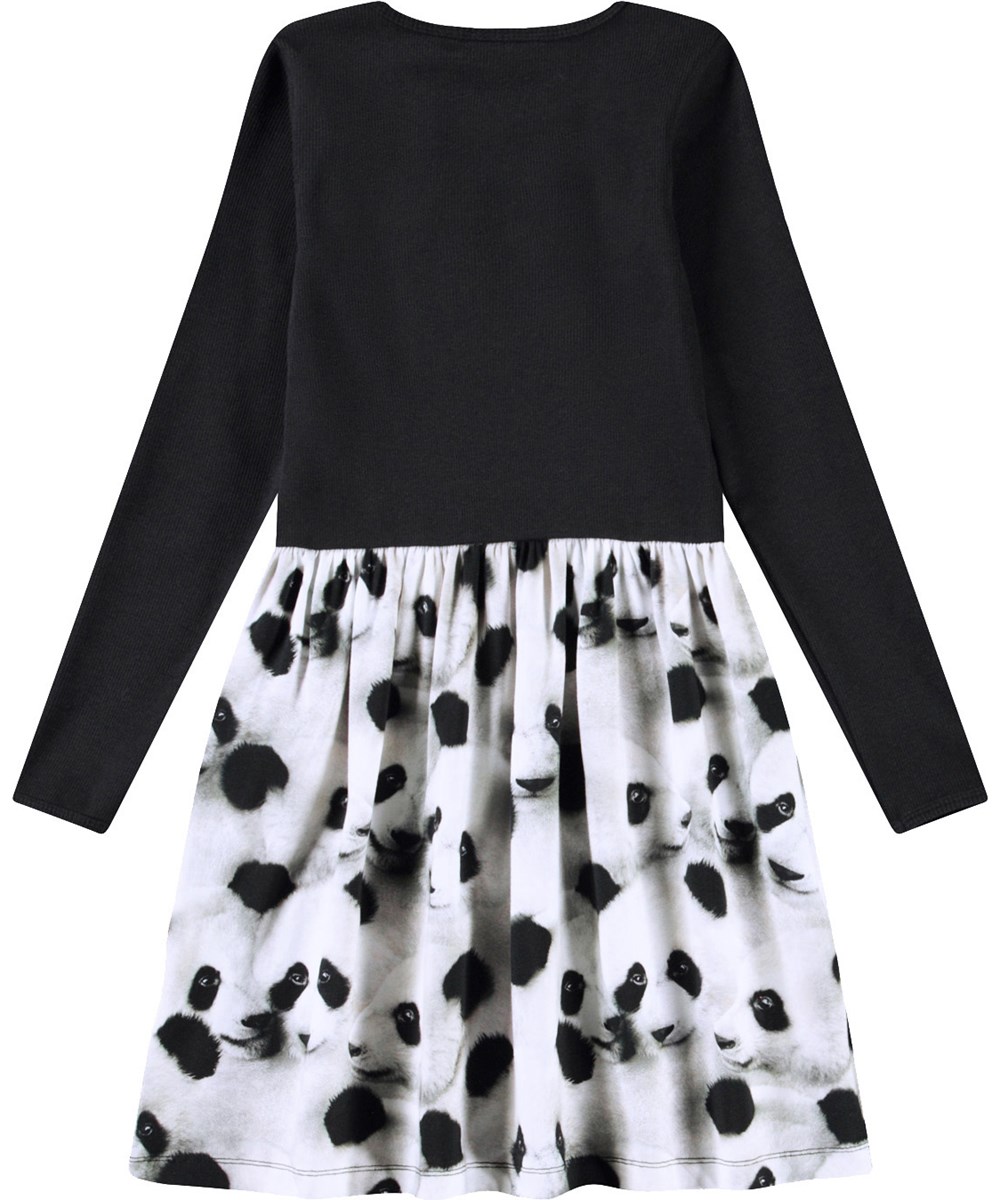 Credence - Giant Panda - Langärmeliges Kleid für Kinder aus Öko-Baumwolle, das ein eng anliegendes Oberteil aus geripptem Jersey mit einem glatten Jerseyrock kombiniert.