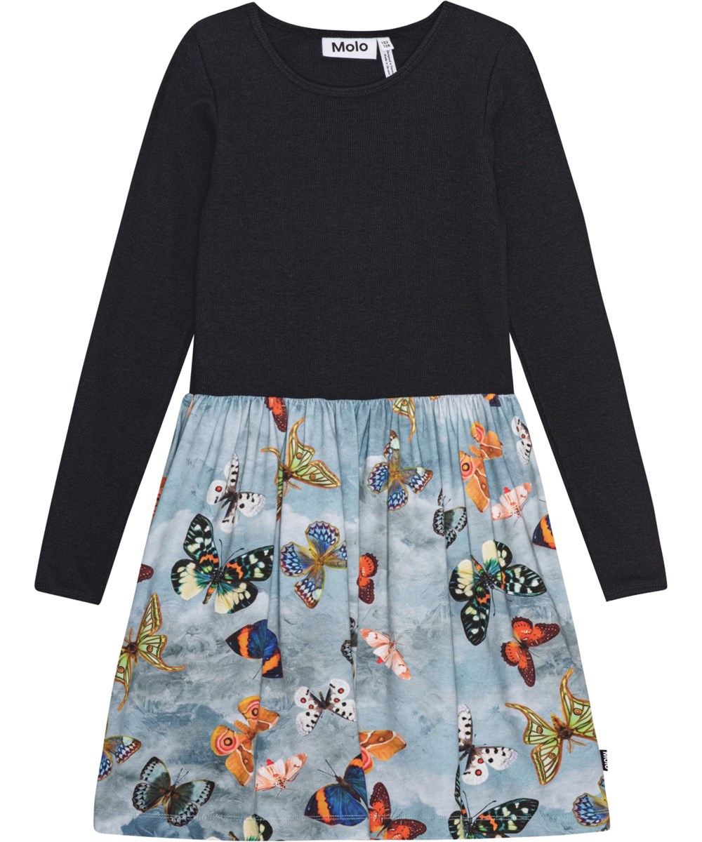 Credence - Les Papillons - Schwarzes Öko-Baumwollkleid mit geripptem Oberteil und Schmetterlingsmusterrock.