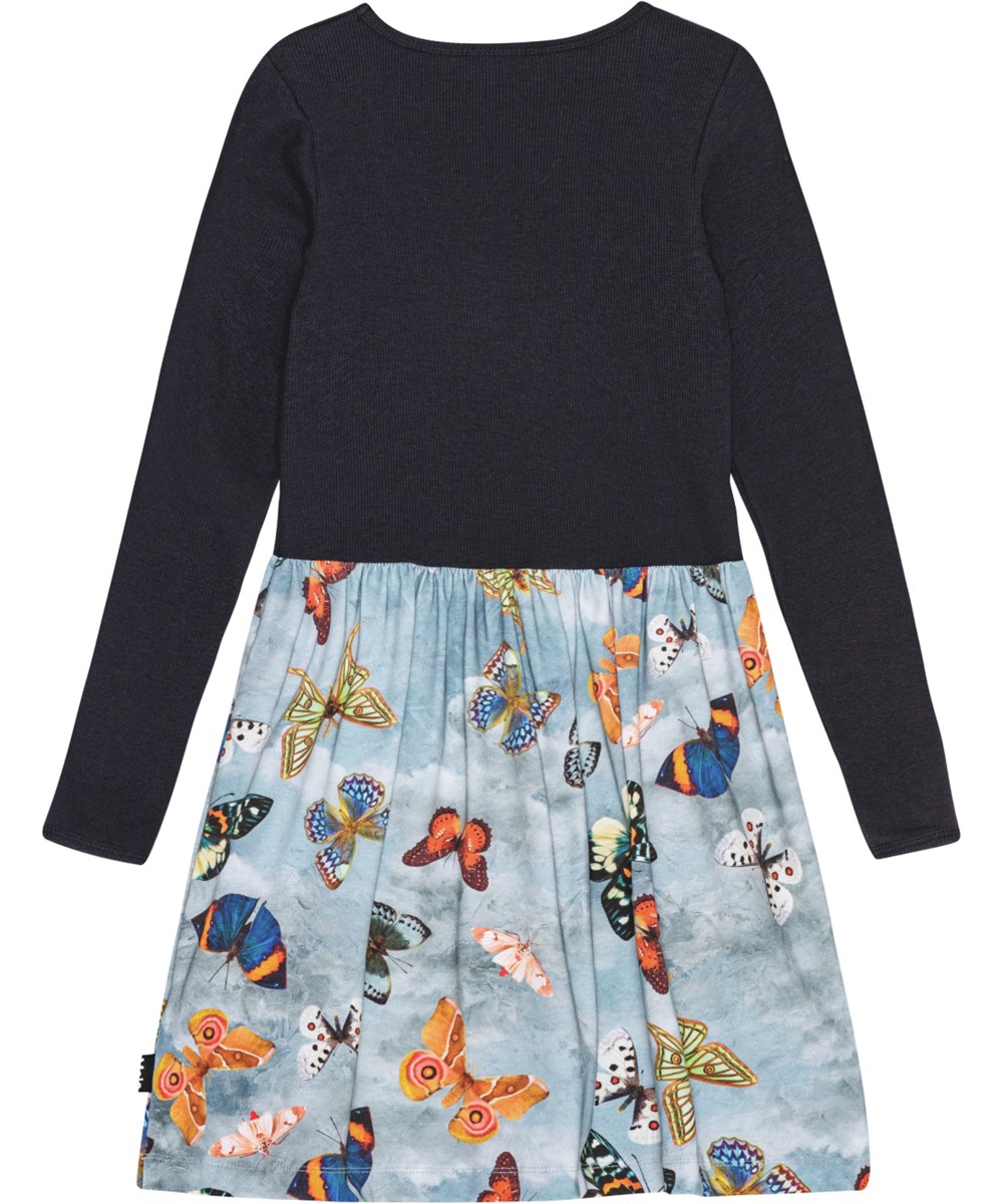 Credence - Les Papillons - Schwarzes Öko-Baumwollkleid mit geripptem Oberteil und Schmetterlingsmusterrock.