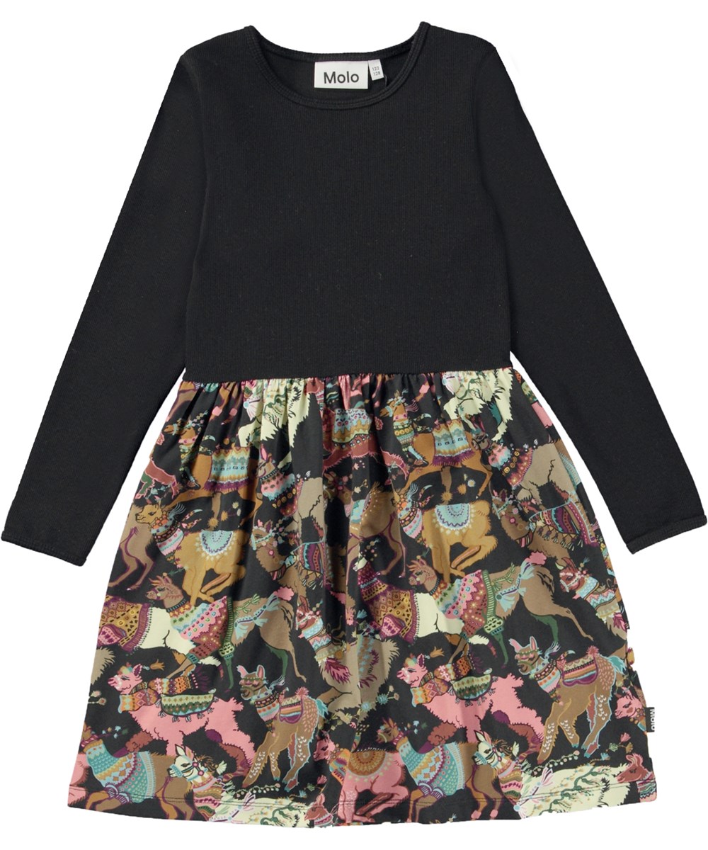 Credence - Lhama Joy Jersey - Schwarzes, knielanges Öko-Kleid mit Allover-Lama-Print auf dem Rock