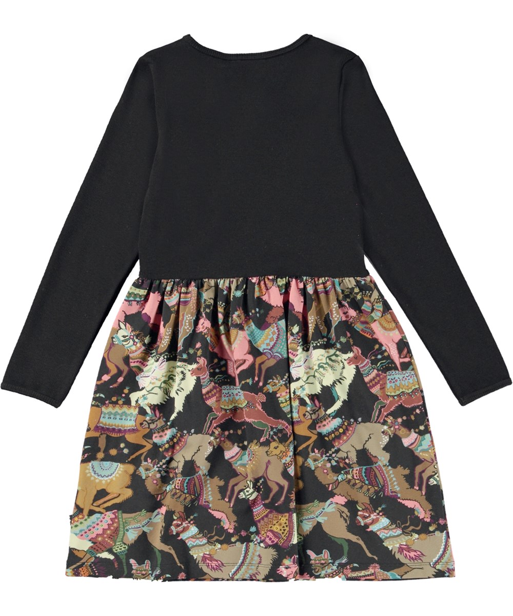 Credence - Lhama Joy Jersey - Schwarzes, knielanges Öko-Kleid mit Allover-Lama-Print auf dem Rock