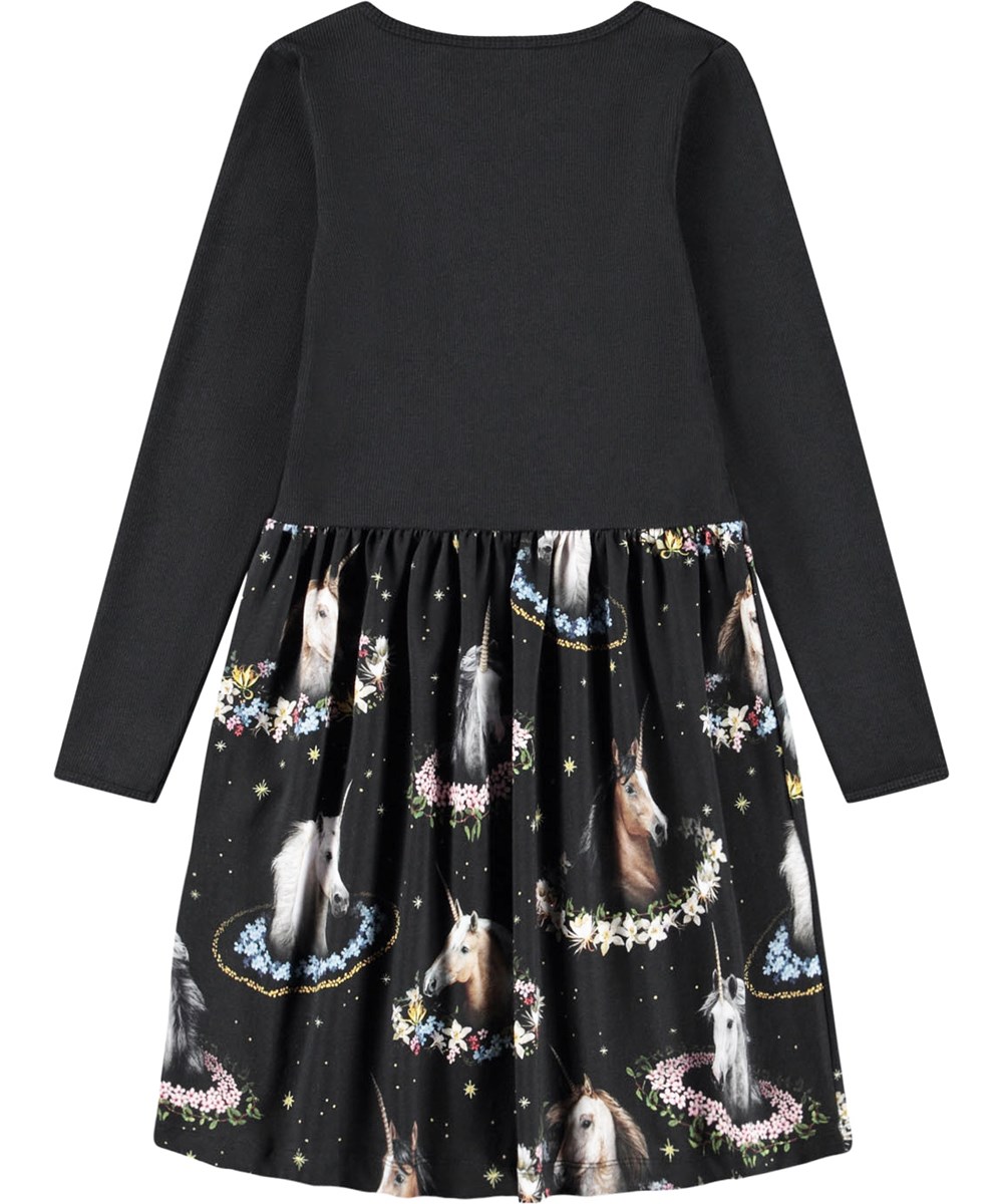 Credence - Magical Galaxies - Schwarzes Langarmkleid für Kinder aus Öko-Baumwolle, das ein eng anliegendes Oberteil aus geripptem Jersey mit einem glatten Jerseyrock kombiniert.