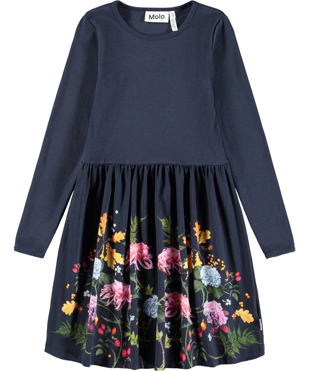 Credence - Nouveau Garden - Dunkelblaues Langarmkleid für Kinder aus Öko-Baumwolljersey mit einem Blätter- und Blumenmuster.