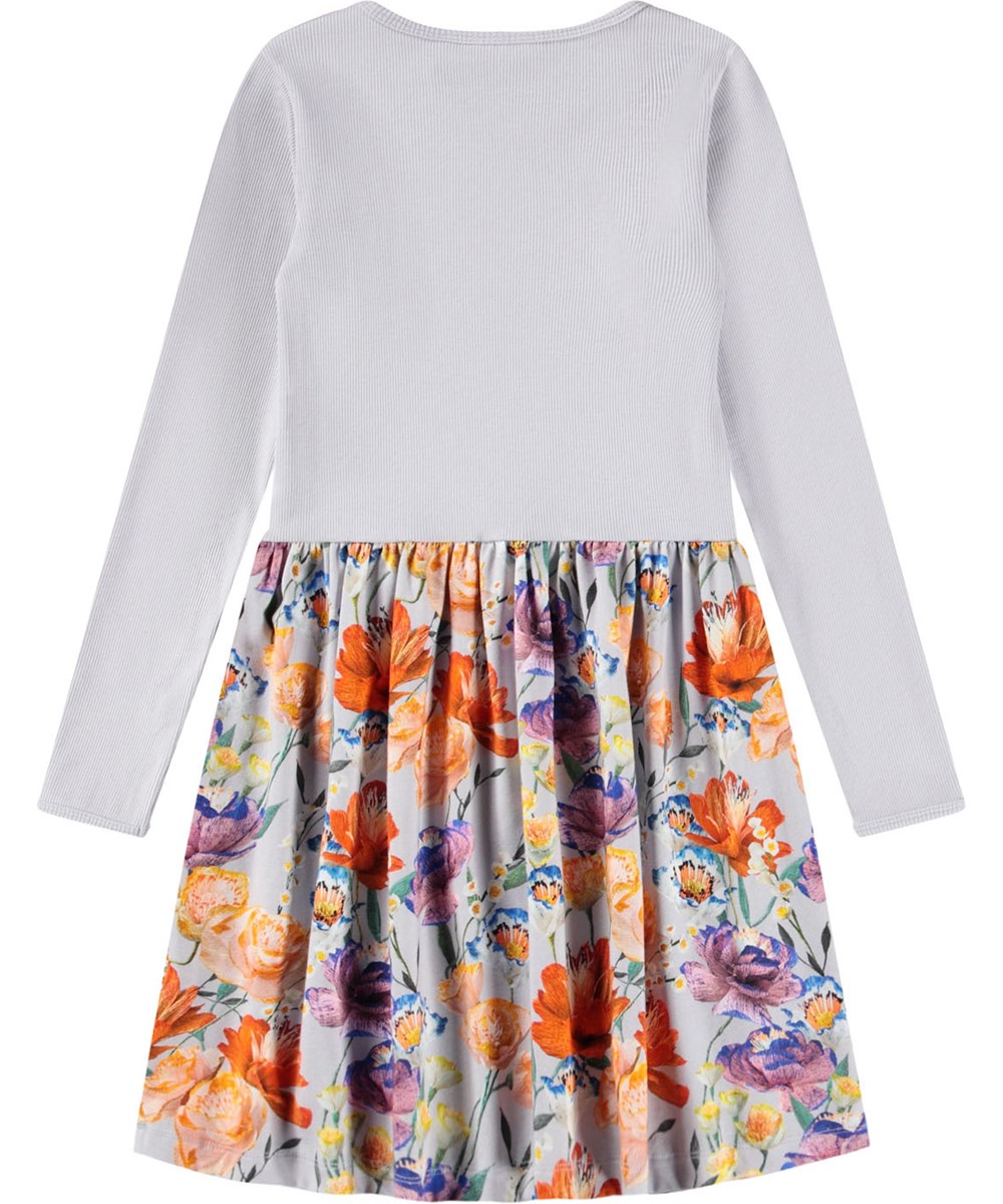 Credence - Paper Flowers - Hellviolett langärmeliges Kleid für Kinder aus Öko-Baumwolle, das ein eng anliegendes Oberteil aus geripptem Jersey mit einem glatten Jerseyrock kombiniert.