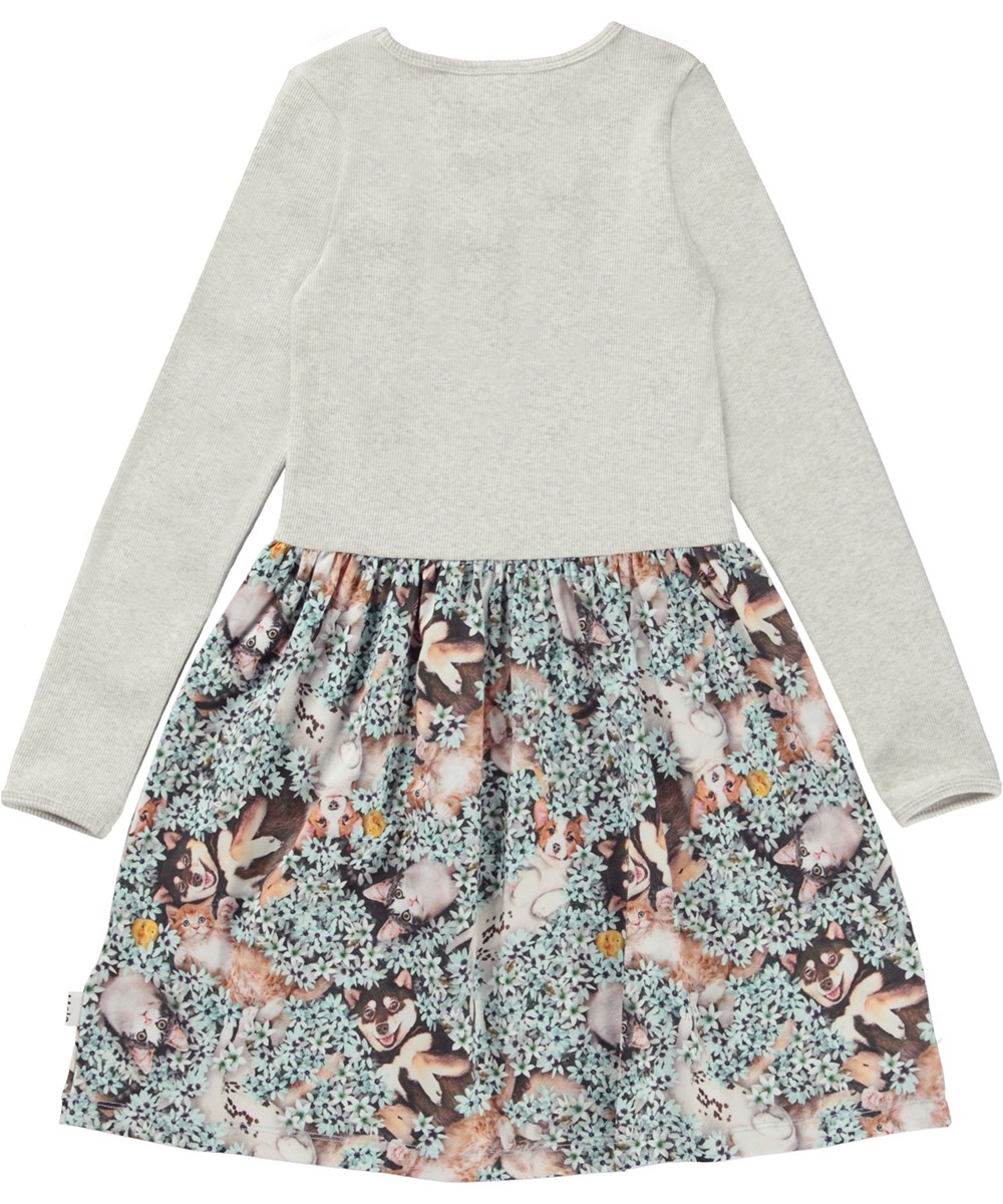 Credence - Park Life - Graues Öko-Jersey-Kleid mit blauem Blumen- und Tierbaby-Print