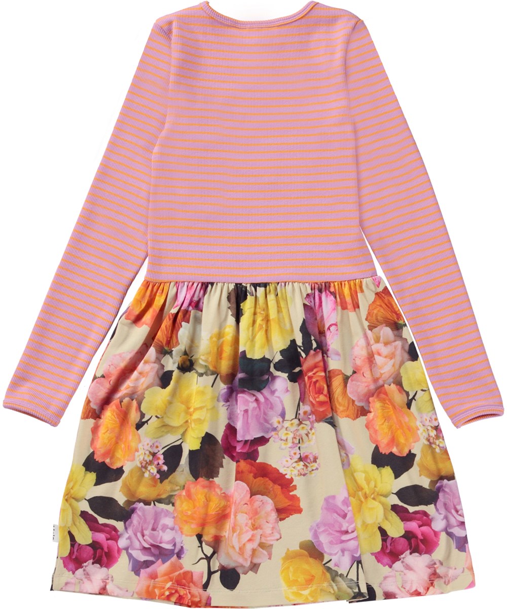 Credence - Rose Garden - Rosa Öko-Jersey-Kleid mit Streifen und Rosendruck