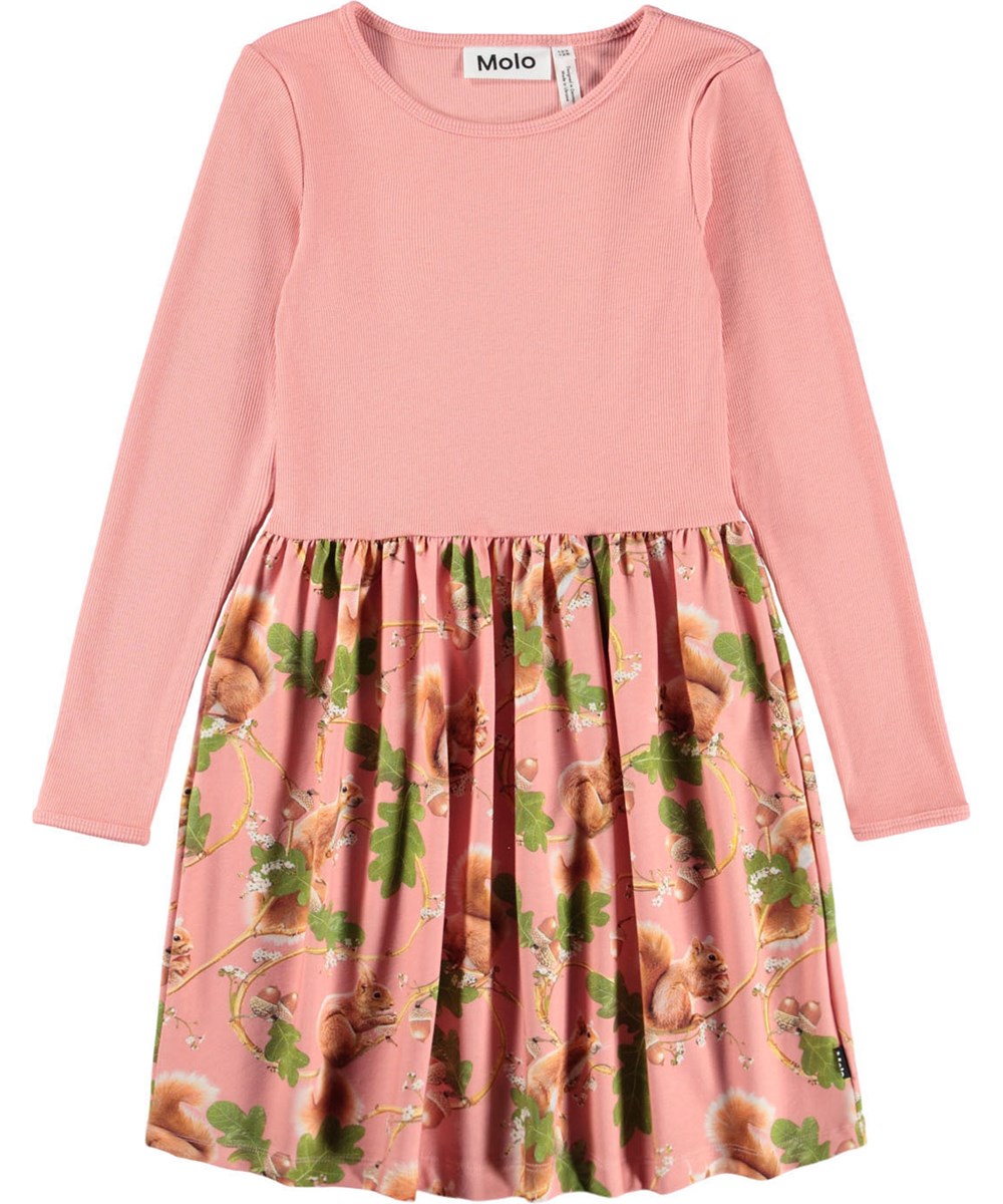 Credence - Squirrel Forest - Rosa langärmeliges Kleid für Kinder aus Öko-Baumwolle, das ein eng anliegendes Oberteil aus geripptem Jersey mit einem glatten Jerseyrock kombiniert.
