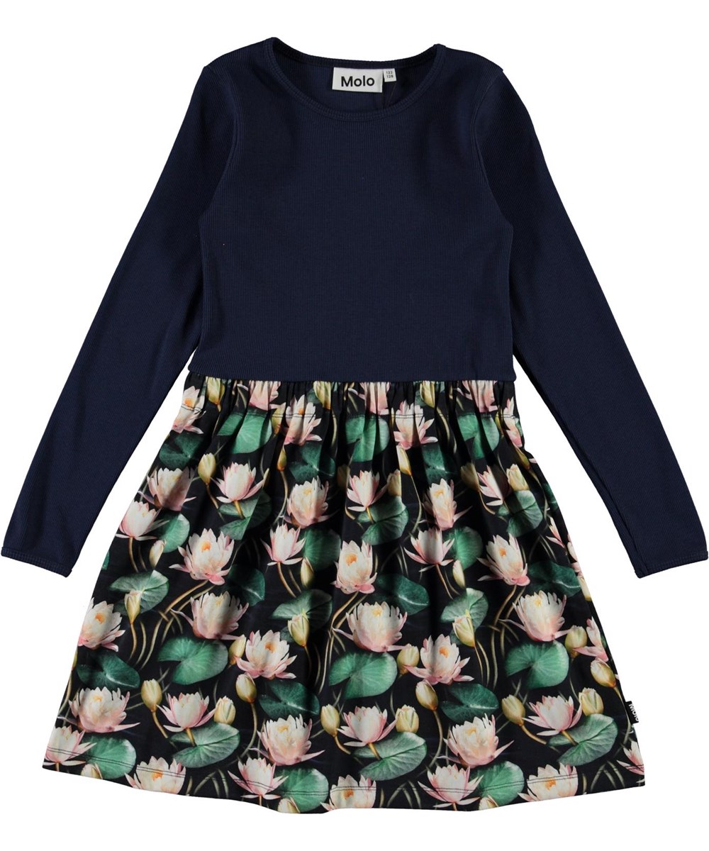 Credence - Water Lilies - Öko blaues Kleid mit Aquarelldruck