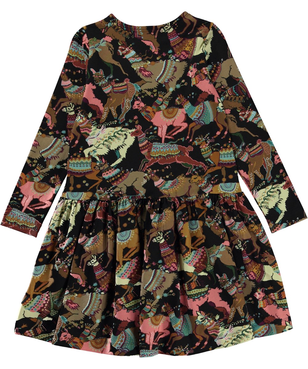 Creola - Lhama Joy Jersey - Schwarzes, knielanges Öko-Kleid mit Allover-Lama-Print