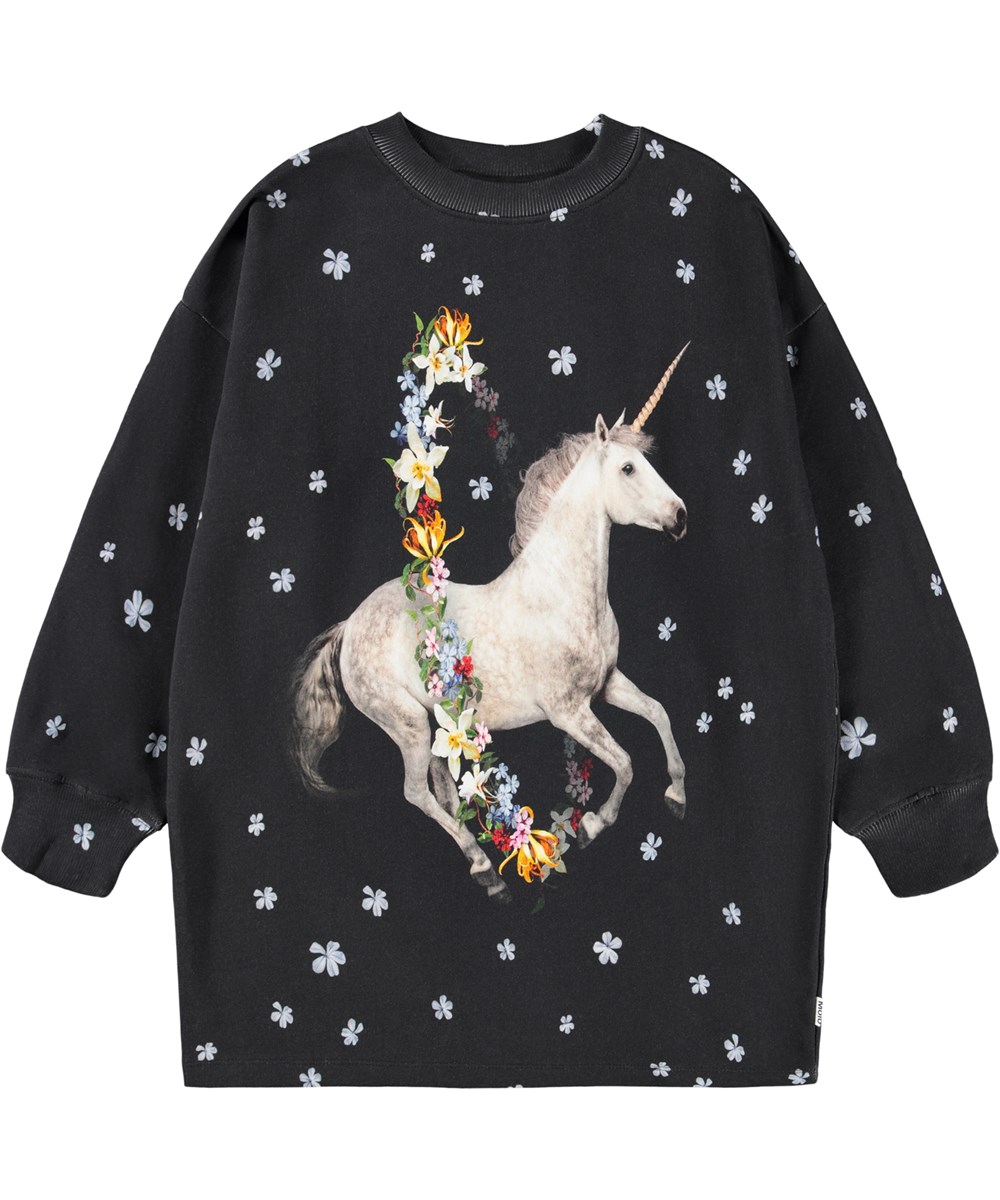 Cyrella - Flower Jump - Schwarzes Sweatshirt-Kleid für Kinder aus Öko-Baumwolle mit Einhorn- und Blumendruck.