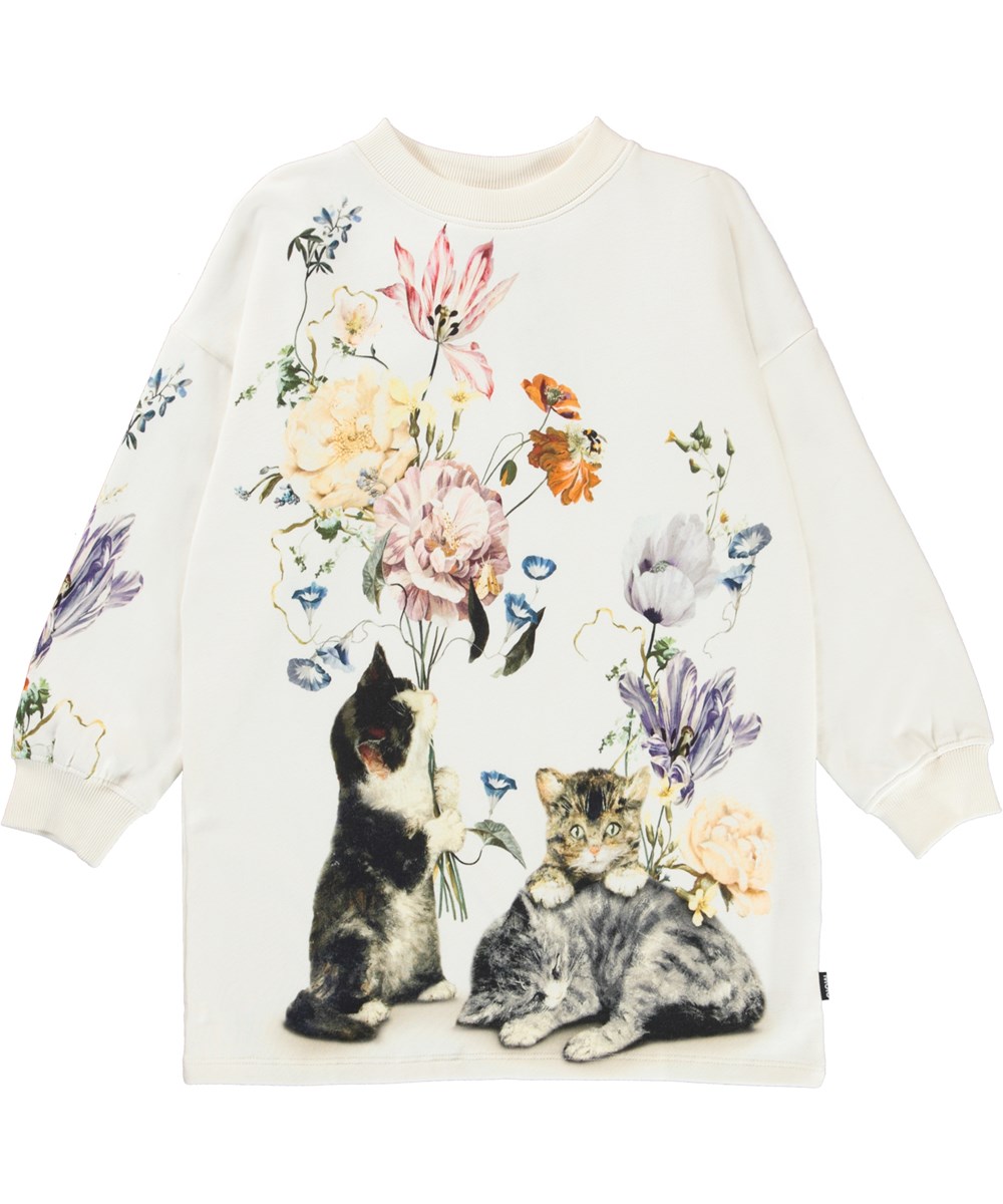 Cyrella - Kitten Still Life - Weißes Öko-Sweatkleid mit Katzenprint