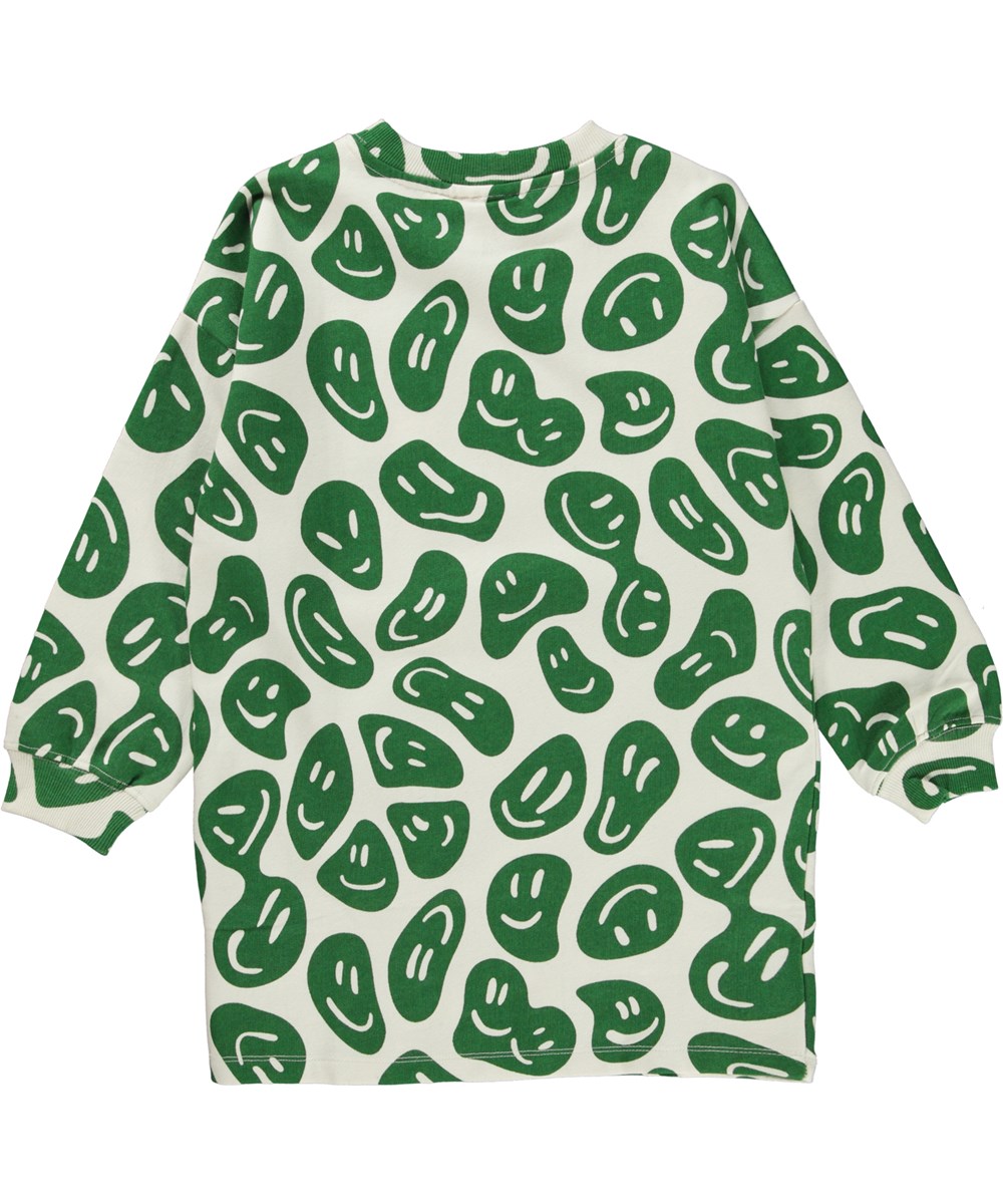 Cyrella - Smile On Nature - Weißes und grünes knielanges Öko-Sweatshirtkleid