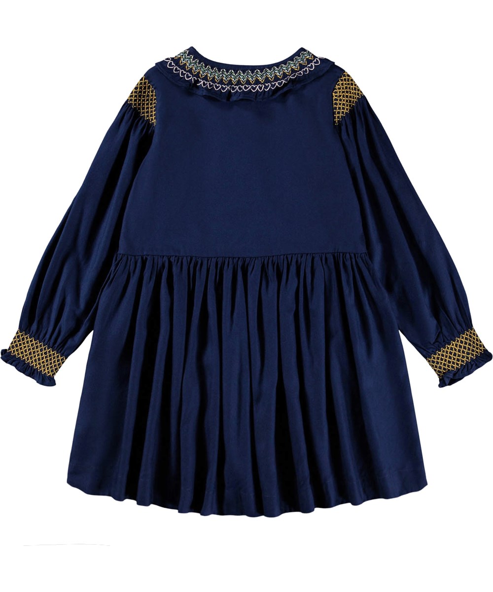 Cyrille - Galaxy Blue - Langärmliges Kleid für Kinder aus dunkelblauer Viskose mit bunten Smokdetails.