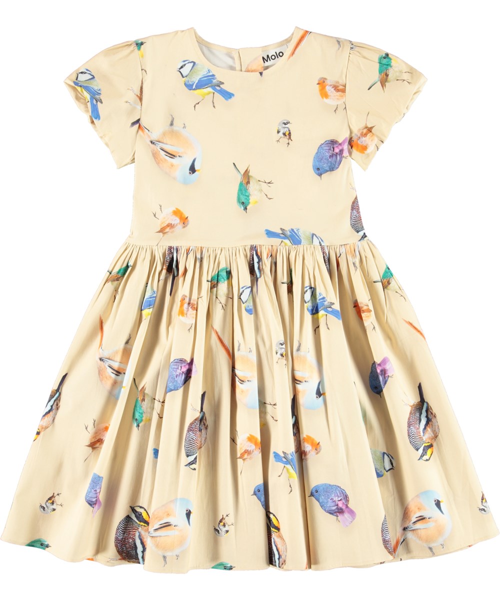 Cyrilli - Floating Birds - Hellgelbes Öko-Kleid mit Vogelaufdruck