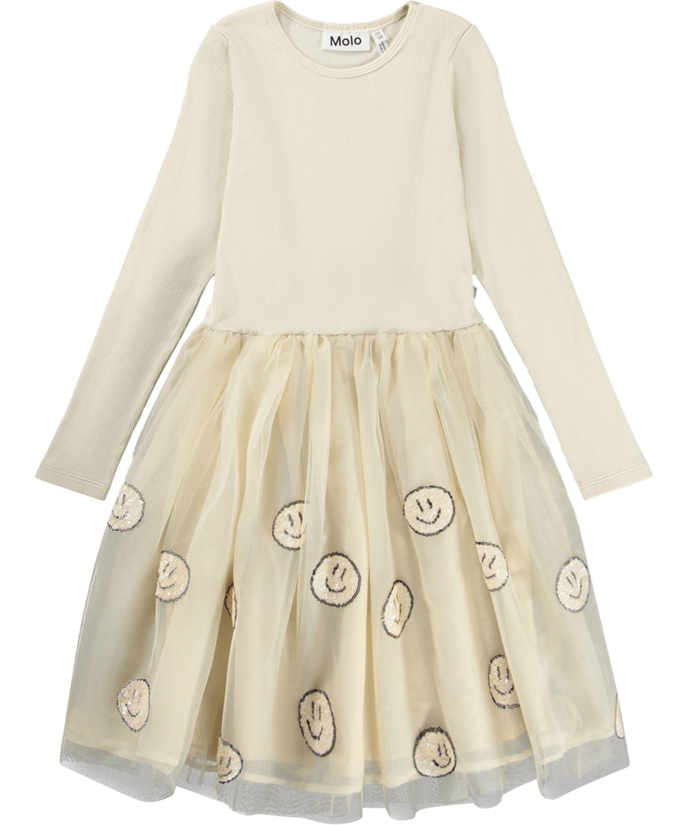 Cyrus - Summer Sand - Off-White-Kleid für Kinder mit langen Ärmeln und einem Tüllrock mit fröhlichen Paillettenblumen