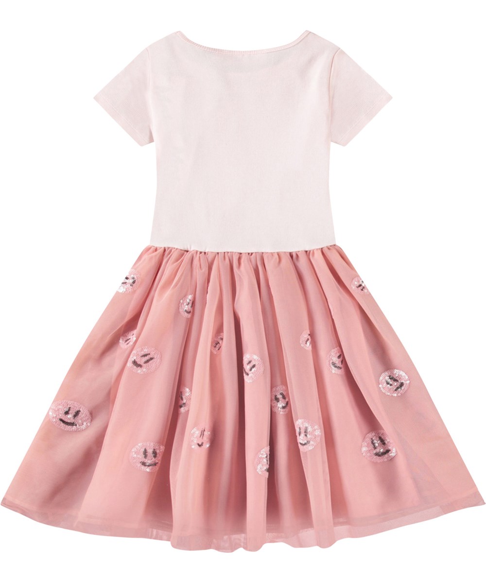 Cyrusila - Charlotte Pink - Rosa Kleid für Kinder mit rosa Tüllrock und lächelnden Pailletten-Gesichtern.