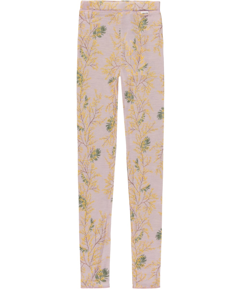 Nadine Wool - Mimosa Wool - Hellviolette Leggings aus Merinowolle mit Mimosen-Print