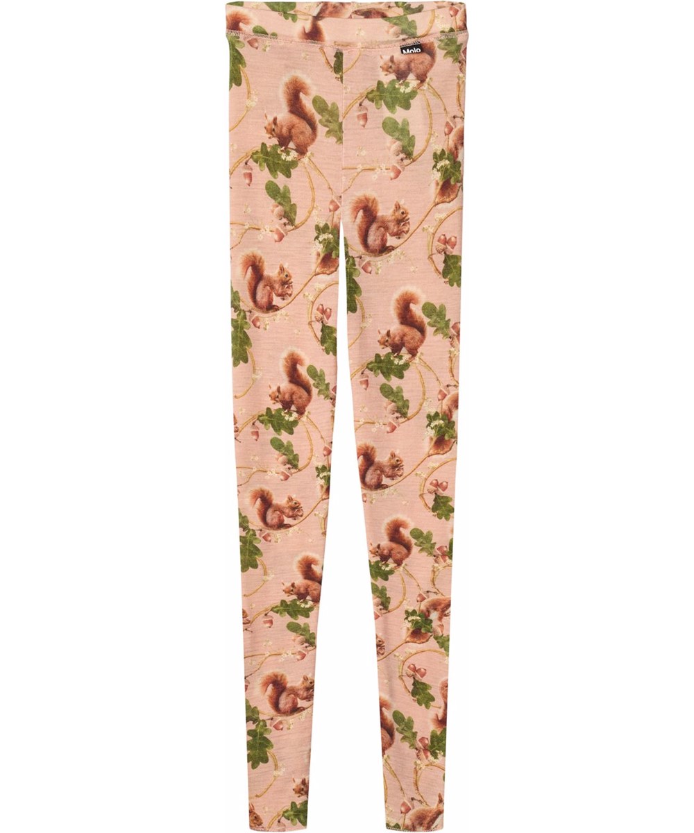 Nadine Wool - Squirrel Harmony - Rosenleggings für Kinder aus Merinowolle mit Eichhörnchen-Print.