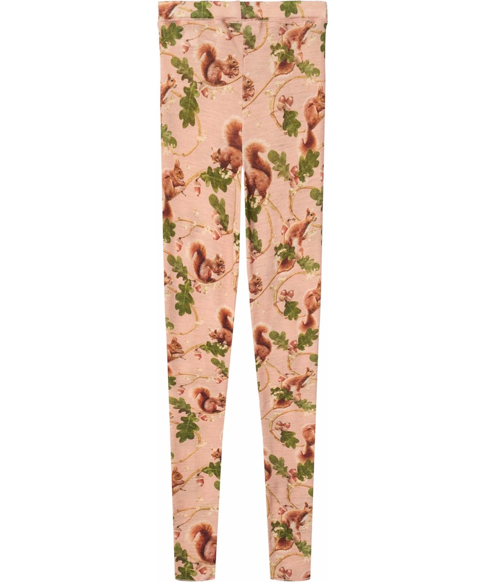 Nadine Wool - Squirrel Harmony - Rosenleggings für Kinder aus Merinowolle mit Eichhörnchen-Print.
