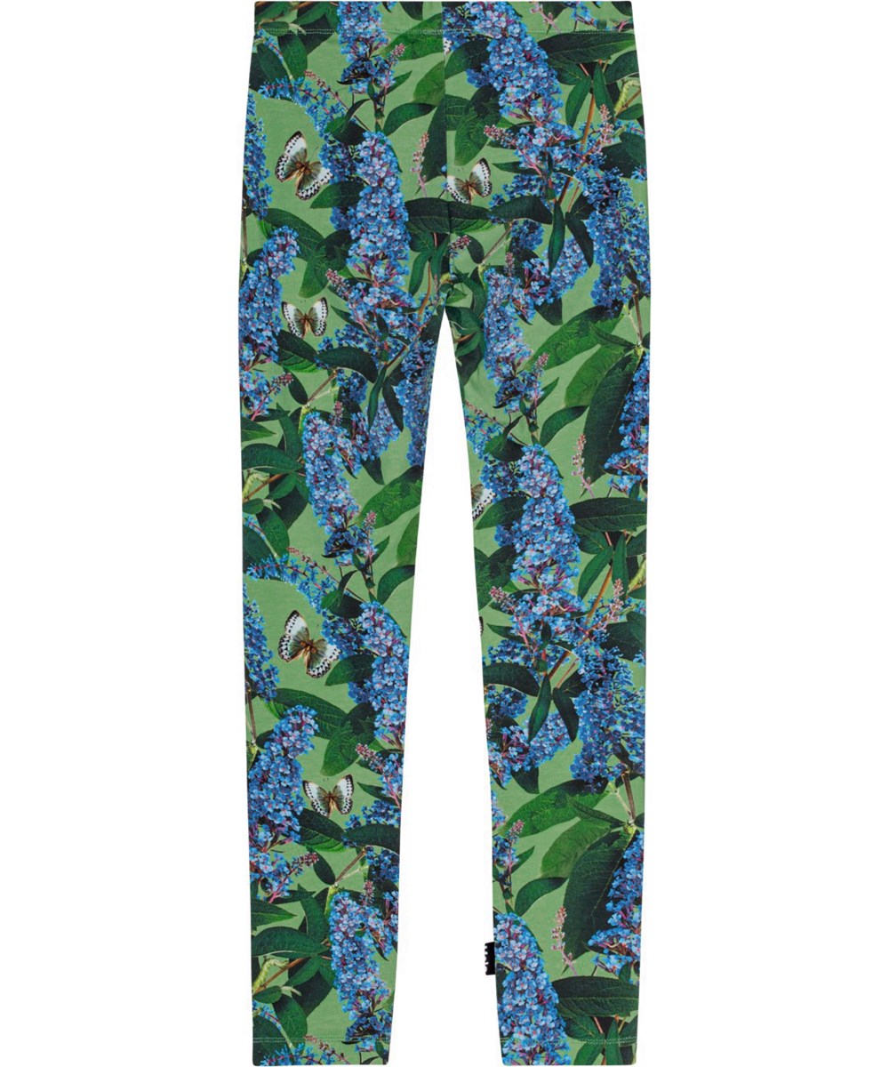 Niki - Buddleja Garden - Grüne Öko-Baumwollleggings mit einem Allover-Druck von Schmetterlingsbüschen.