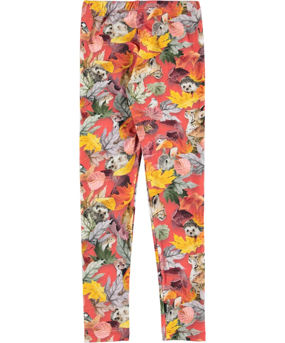 Niki - Forest Play - Öko-Leggings in Rot mit Tier- und Blätterdruck