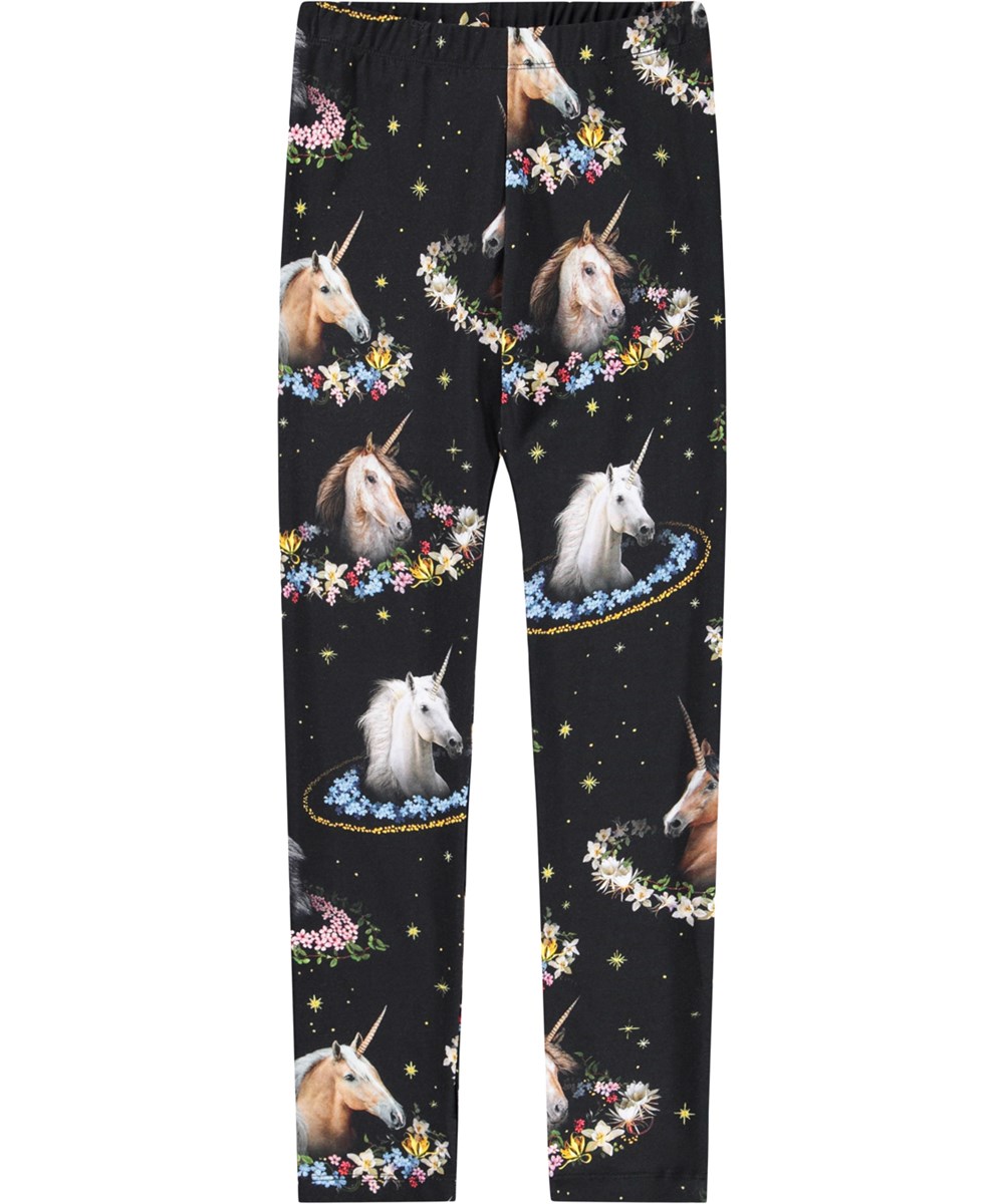 Niki - Magical Galaxies - Schwarze Leggings für Kinder aus Öko-Baumwolle mit Einhorn-Print.