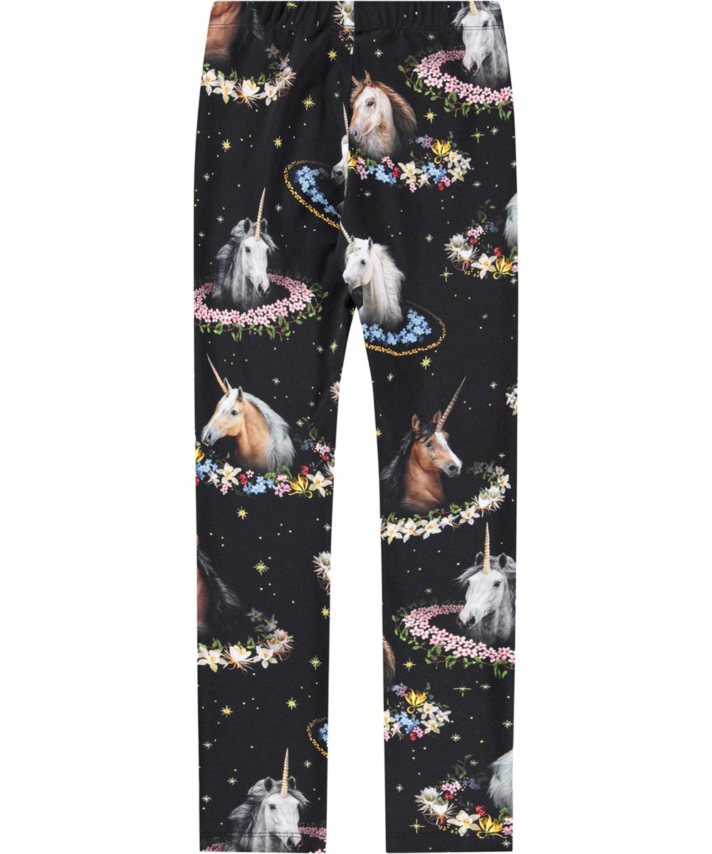 Niki - Magical Galaxies - Schwarze Leggings für Kinder aus Öko-Baumwolle mit Einhorn-Print.