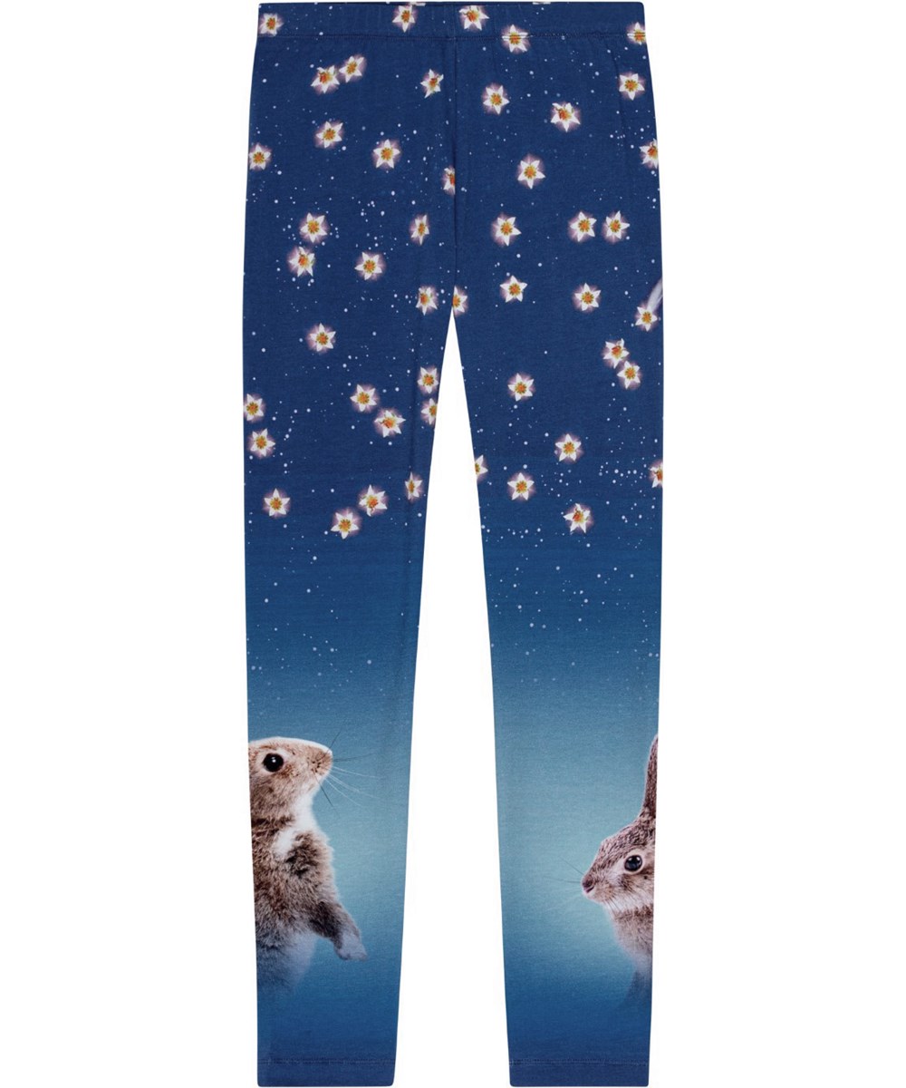 Niki - Shooting Stars - Blaue Leggings aus Öko-Baumwolle mit Hasenmuster.