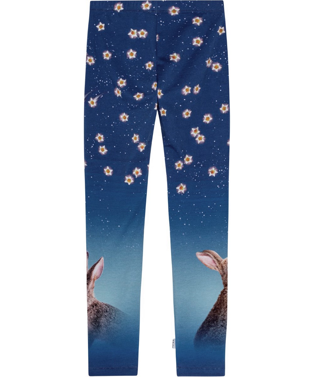 Niki - Shooting Stars - Blaue Leggings aus Öko-Baumwolle mit Hasenmuster.