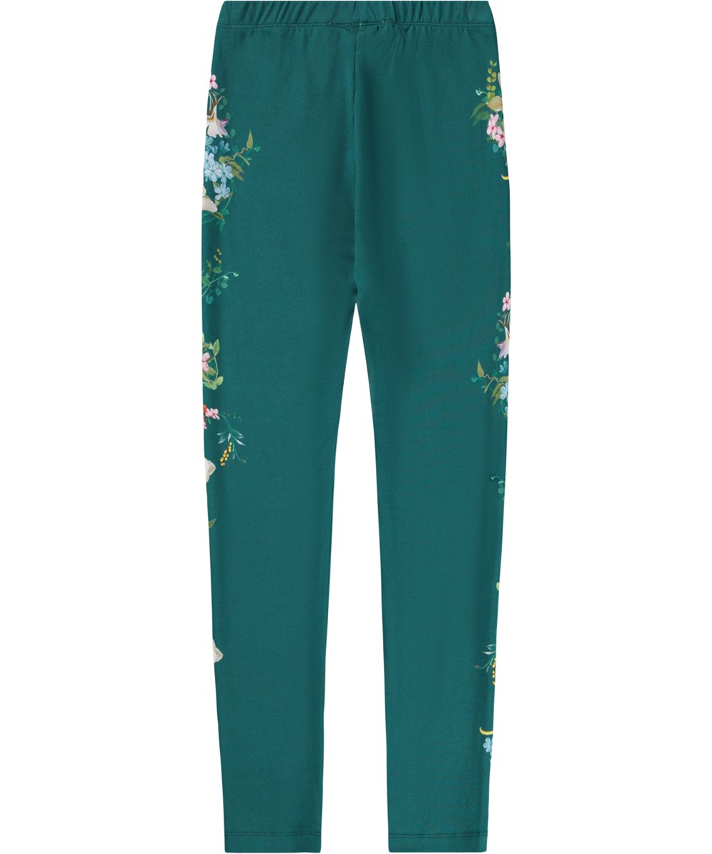 Niki - Sporty Paisley - Grüne Leggings für Kinder aus Öko-Baumwolle mit Blumenmuster.