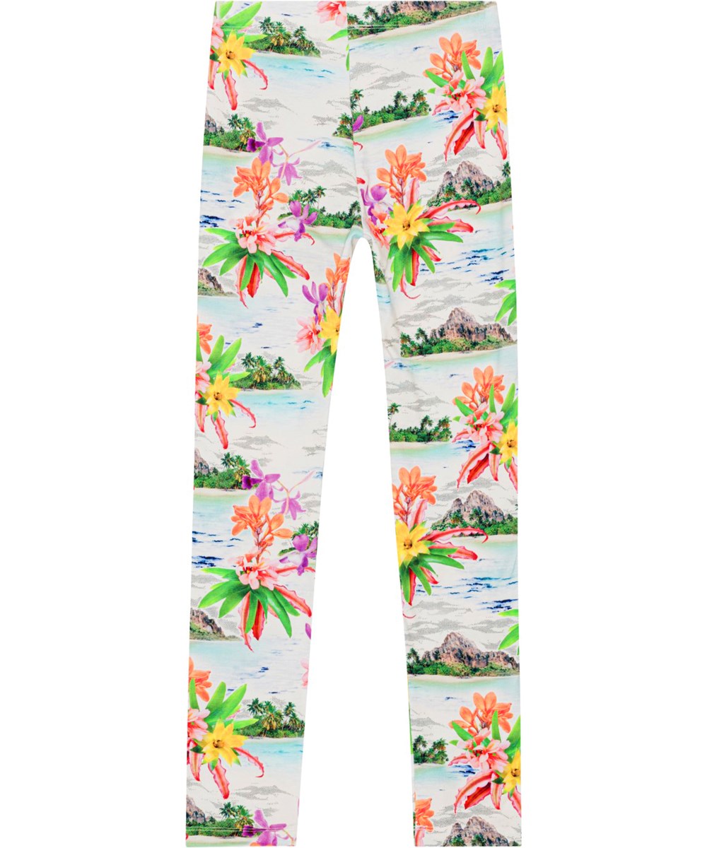 Niki - Tropical Islands - Helle Leggings aus Öko-Baumwolle mit einem Aufdruck aus Blumen und Palmen