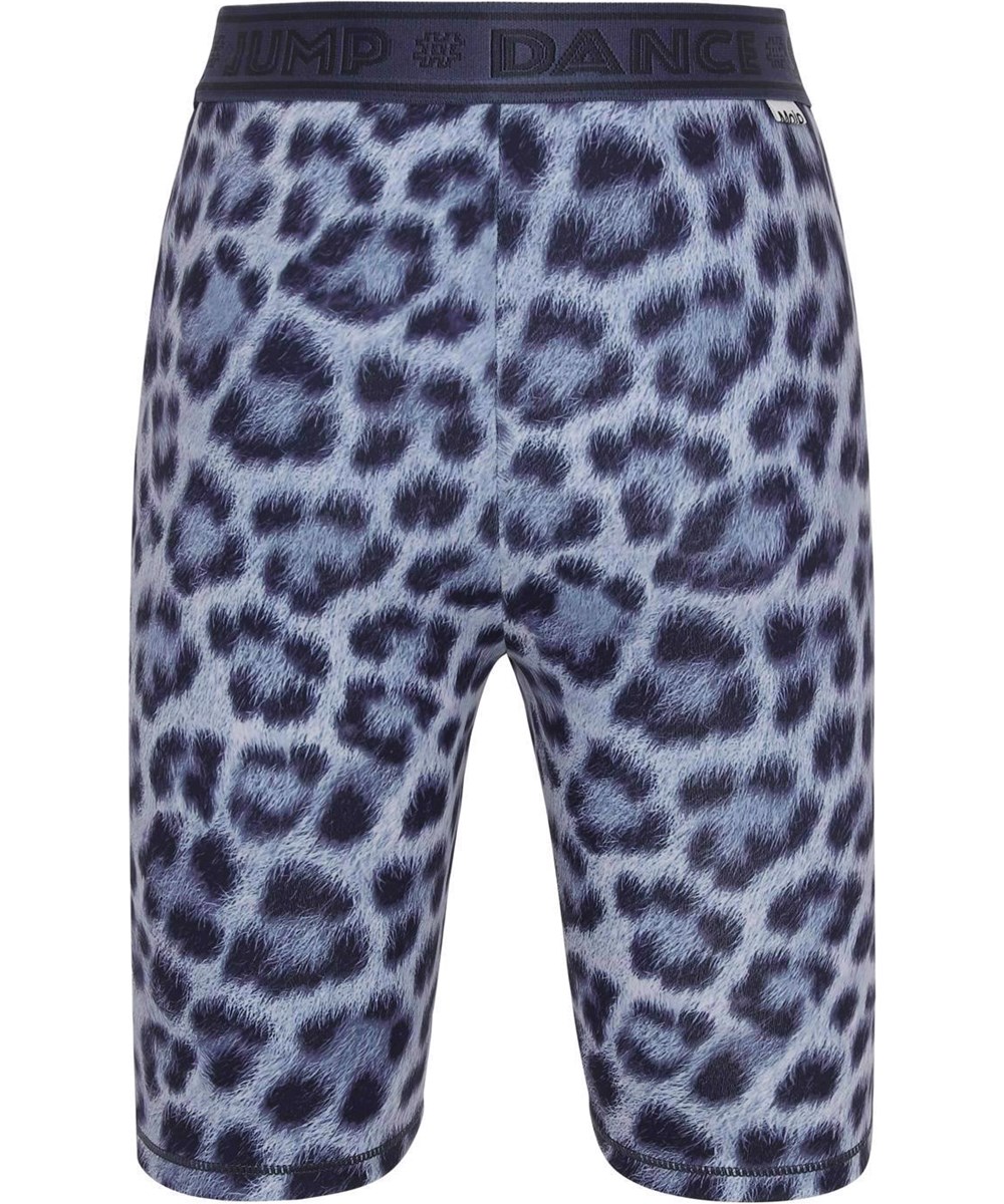 Obelia - Sporty Leo - Blaue mittellange Sportleggings mit Leopardenmuster